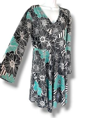 Groovy Floral Dress Fit & Flare Black Teal Long Sleeve Signature Collection